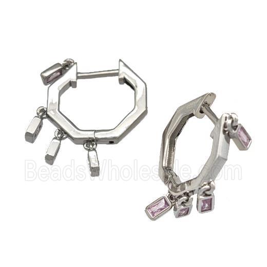 Copper Latchback Earrings Micro Pave Pink Zirconia Platinum Plated