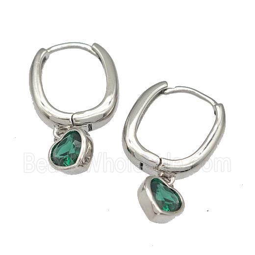 Copper Latchback Earrings Pave Green Zirconia Heart Platinum Plated