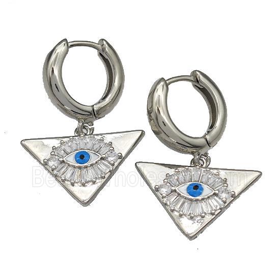 Copper Latchback Earrings With Evil Eye Micro Pave Zirconia Triangle Platinum Plated