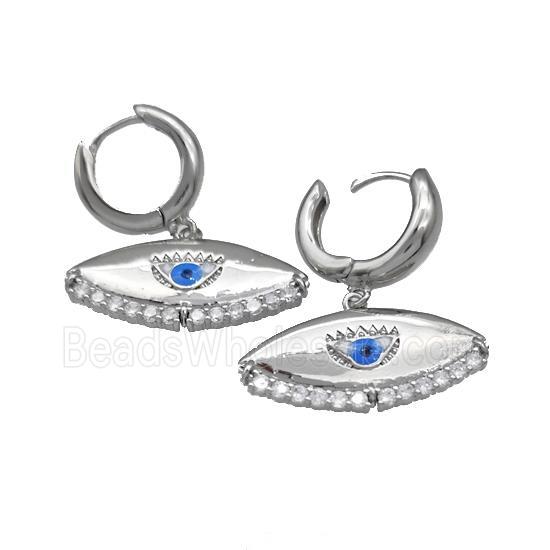 Copper Latchback Earrings With Evil Eye Micro Pave Zirconia Platinum Plated
