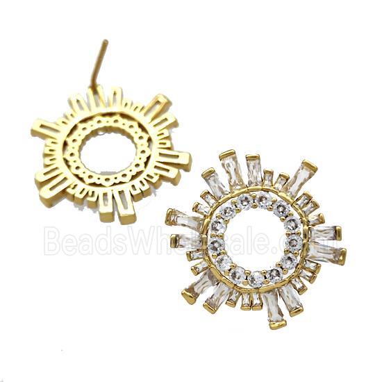 Copper Stud Earrings Micro Pave Zirconia Sun Gold Plated