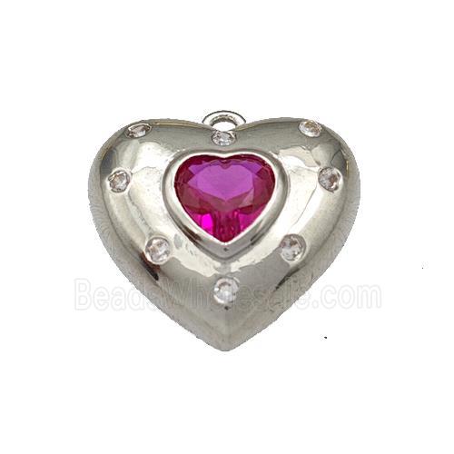 Copper Heart Pendant Micro Pave Fuchsia Zirconia Platinum Plated