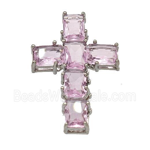 Copper Cross Pendant Micro Pave Pink Crystal Platinum Plated