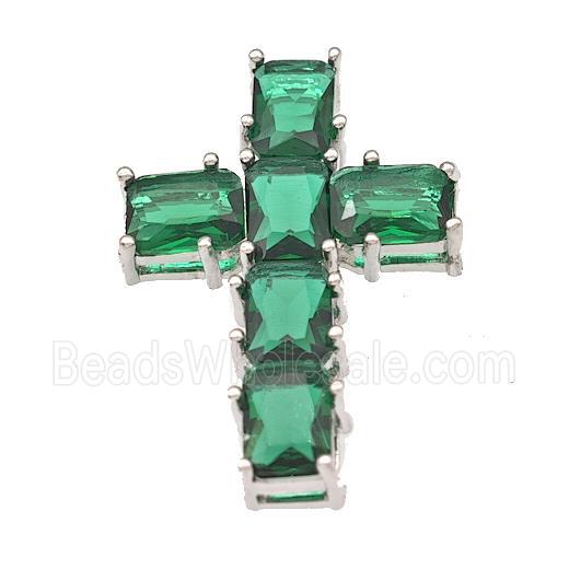 Copper Cross Pendant Micro Pave Green Crystal Platinum Plated