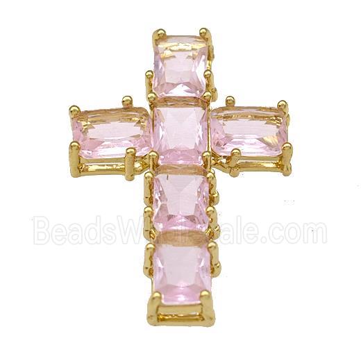 Copper Cross Pendant Micro Pave Pink Crystal Gold Plated