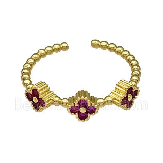 Copper Clover Rings Micro Pave Fuchsia Zirconia Gold Plated