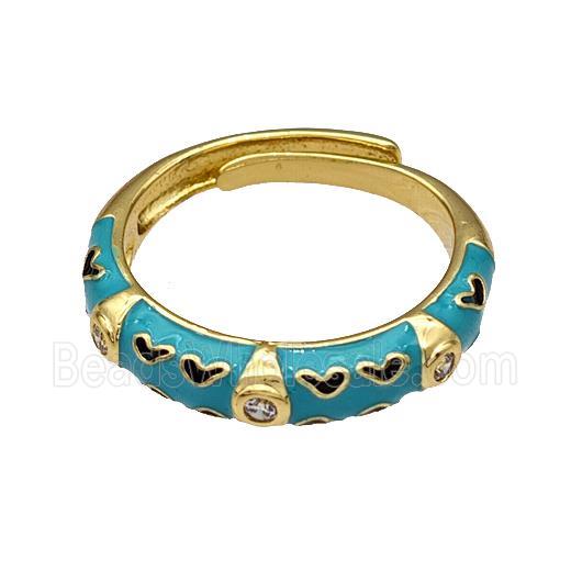 Copper Rings Pave Zircon Teal Enamel Adjustable Gold Plated