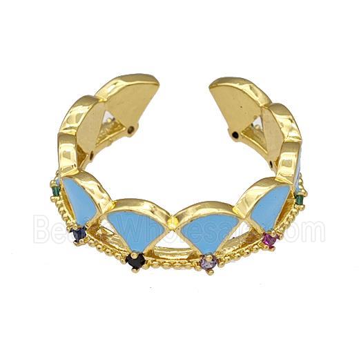 Copper Rings Pave Zircon Blue Enamel Adjustable Gold Plated