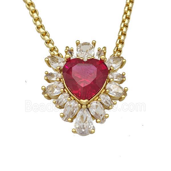 Copper Necklace Heart Micro Pave Red Crystal Glass Gold Plated