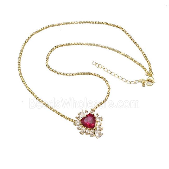 Copper Necklace Heart Micro Pave Red Crystal Glass Gold Plated