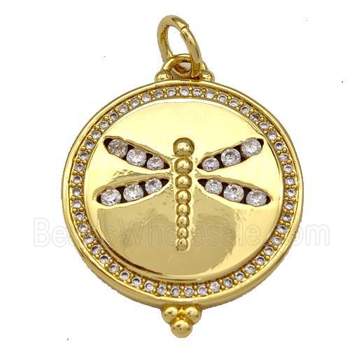 Copper Circle Pendant Micro Pave Zirconia Dragonfly Gold Plated