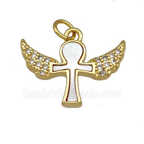 Ankh Angel Wings Charms Copper Pendant Pave Shell Zirconia 18K Gold Plated