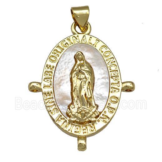 Virgin Mary Charms Copper Oval Pendant Pave Shell Religious 18K Gold Plated
