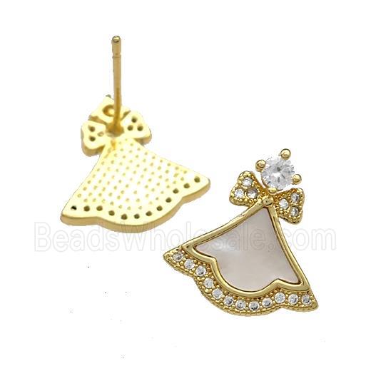 Copper Stud Earrings Pave Shell Zircon Fan 18K Gold Plated