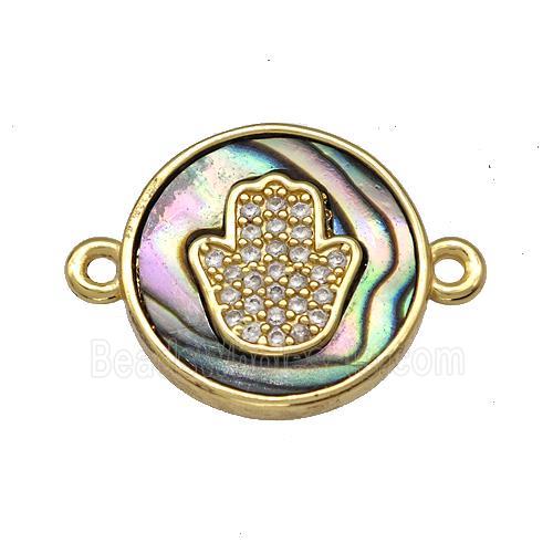 Copper Circle Connector Pave Abalone Shell Zircon Hamsahand 18K Gold Plated