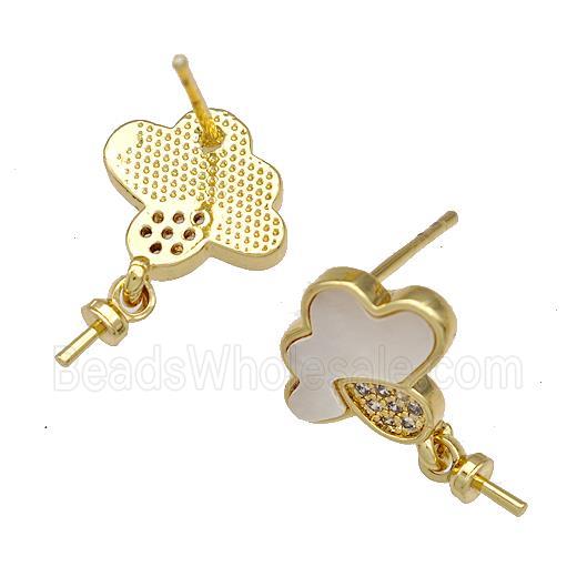 Copper Stud Earrings Pave Shell Zircon Cloudy 18K Gold Plated
