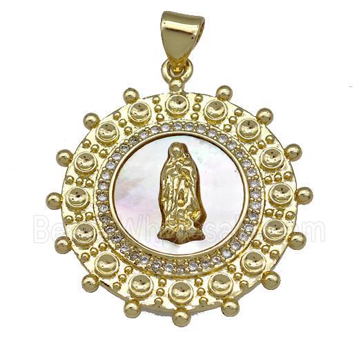 Jesus Charms Copper Circle Pendant Pave Shell Zirconia 18K Gold Plated