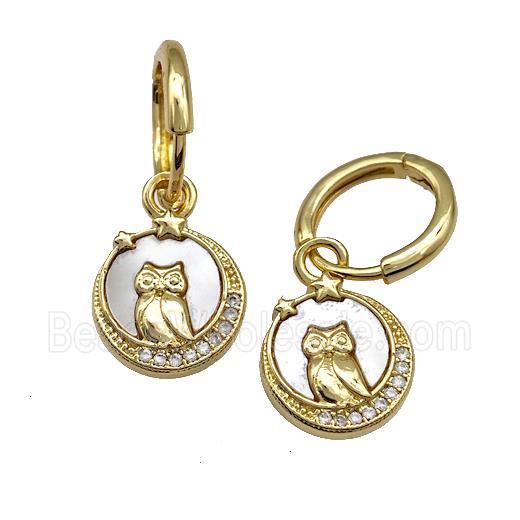 Copper Owl Hoop Earrings Pave Shell Zirconia 18K Gold Plated