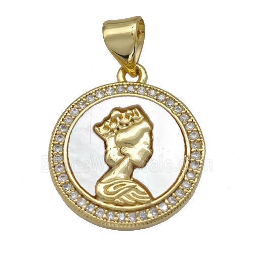 Queen Charms Copper Circle Pendant Pave Shell Zirconia 18K Gold Plated