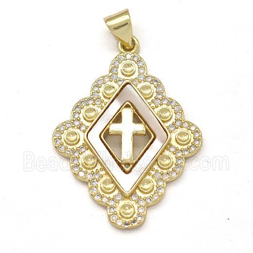 Copper Cross Pendant Pave Shell Zircon Rhombus 18K Gold Plated