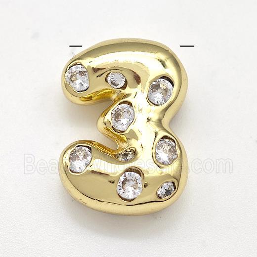 Copper Number-3 Pendant Micro Pave Zirconia Gold Plated