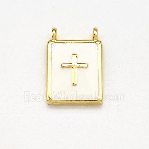 Copper Rectangle Pendant Cross White Enamel 2loops Gold Plated
