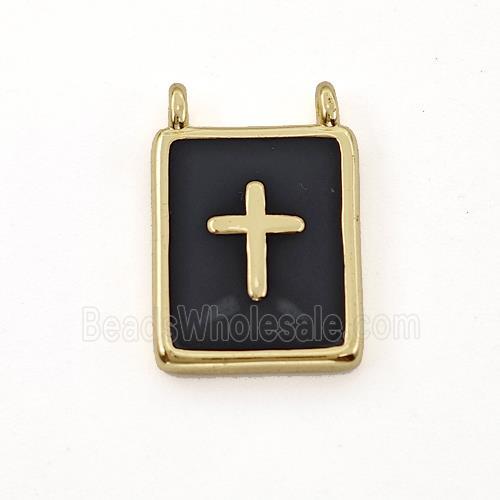Copper Rectangle Pendant Cross Black Enamel 2loops Gold Plated