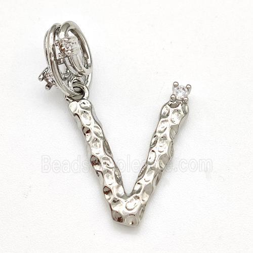 Copper Letter-V Pendant Pave Zircon Platinum Plated
