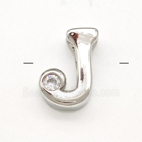 Copper Letter-J Beads Pave Zircon Platinum Plated