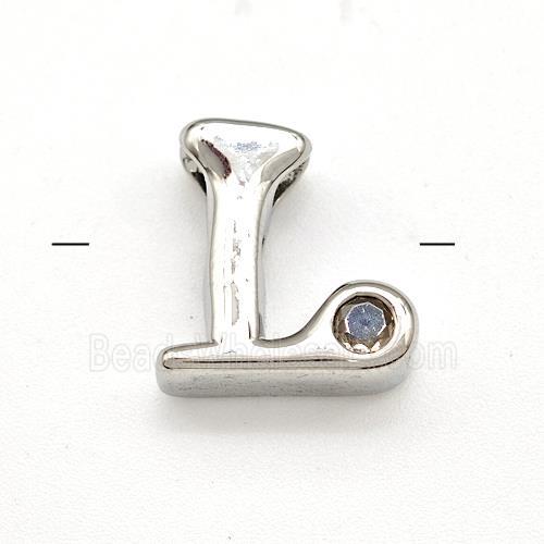Copper Letter-L Beads Pave Zircon Platinum Plated