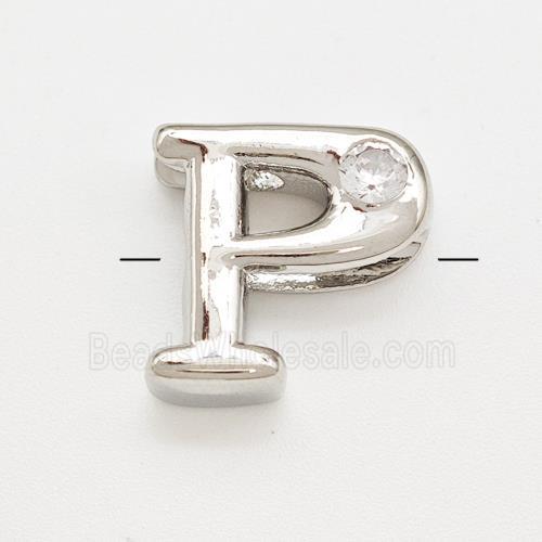 Copper Letter-P Beads Pave Zircon Platinum Plated
