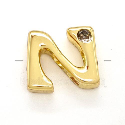 Copper Letter-N Beads Pave Zircon Gold Plated