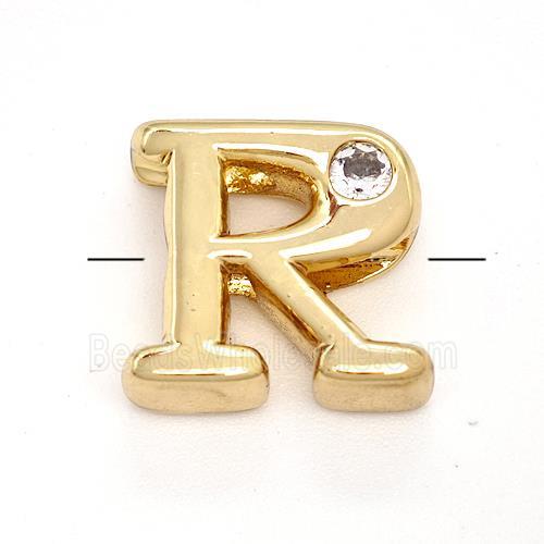 Copper Letter-R Beads Pave Zircon Gold Plated