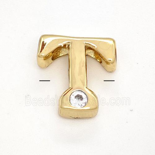 Copper Letter-T Beads Pave Zircon Gold Plated