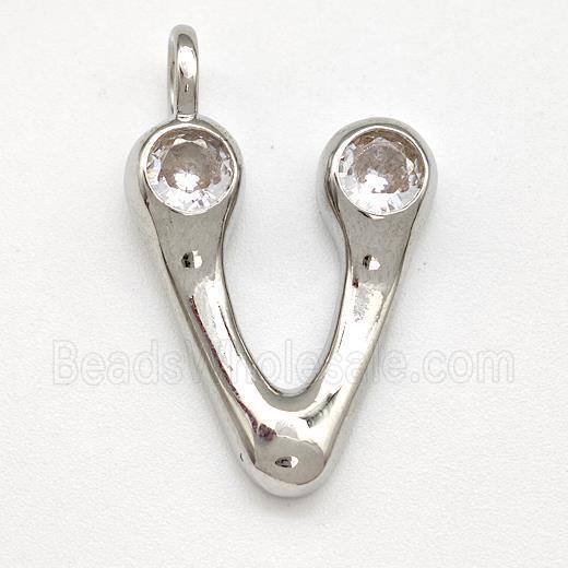 Copper Letter-V Pendant Pave Zircon Platinum Plated