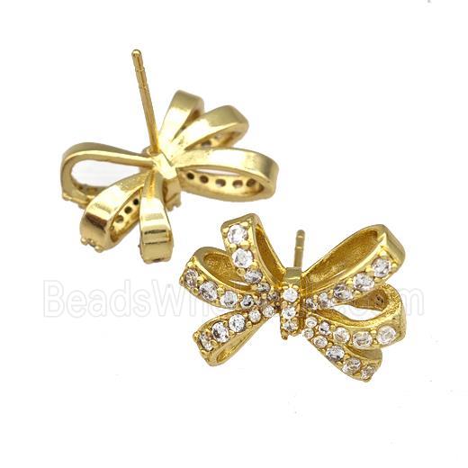 Copper Bow Stud Earrings Pave Zircon Gold Plated
