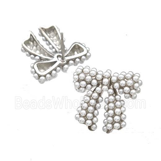 Copper Bow Stud Earrings Micro Pave Pearlized Resin Platinum Plated
