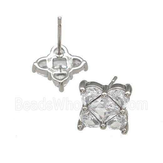 Copper Stud Earrings Micro Pave Zirconia Flower Platinum Plated