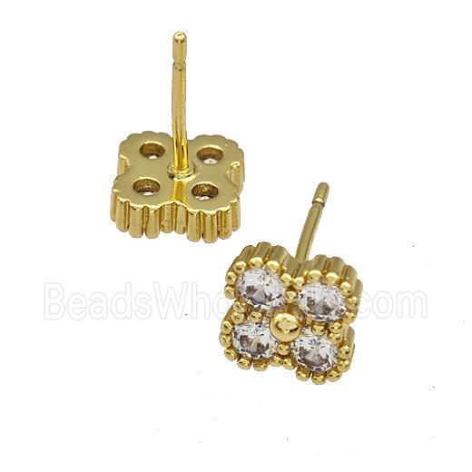 Copper Stud Earrings Micro Pave Zirconia Flower Gold Plated