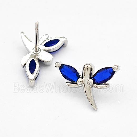 Copper Dragonfly Stud Earrings Pave Blue Zirconia Platinum Plated