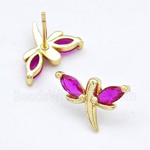 Copper Dragonfly Stud Earrings Pave Fuchsia Zirconia Gold Plated