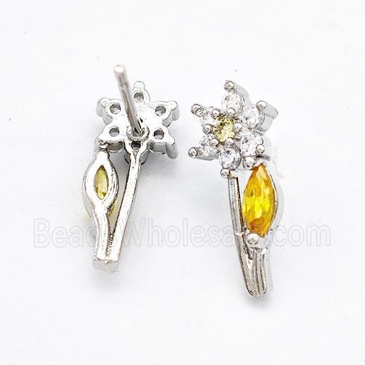 Copper Flower Stud Earrings Pave Zircon Platinum Plated