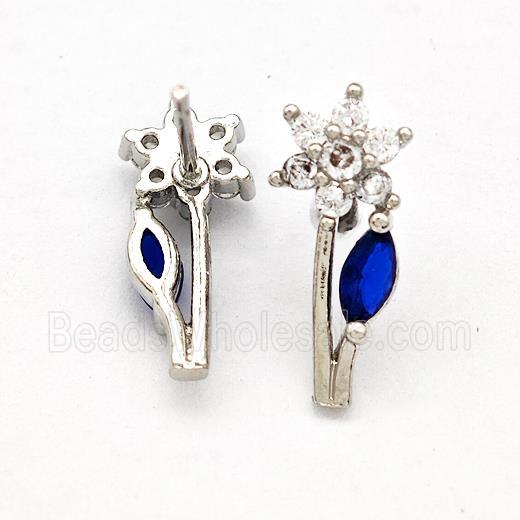 Copper Flower Stud Earrings Pave Zircon Platinum Plated