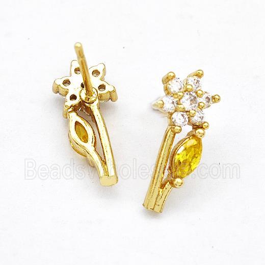 Copper Flower Stud Earrings Pave Zircon Gold Plated
