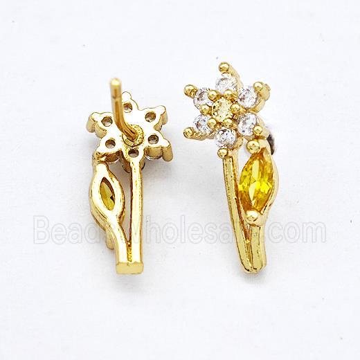 Copper Flower Stud Earrings Pave Zircon Gold Plated