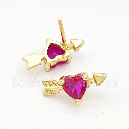 Copper Stud Earrings Pave Fuchsia Zircon Cupids Arrow Heart Gold Plated