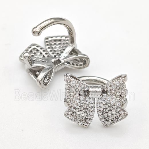 Copper Bow Clip Earrings Pave Zirconia Platinum Plated