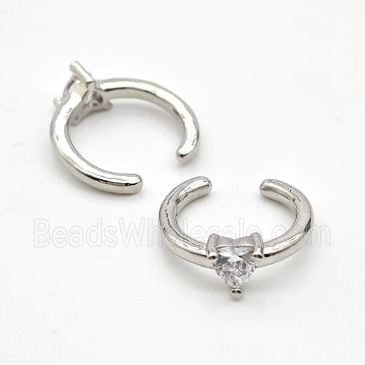 Copper Clip Earrings Pave Crystal Glass Heart Platinum Plated
