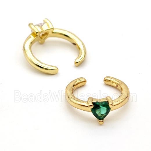 Copper Clip Earrings Pave Green Crystal Glass Heart Gold Plated