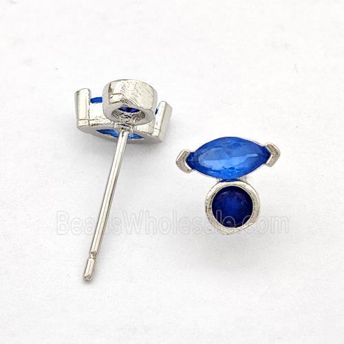 Copper Stud Earrings Pave Blue Zirconia Eye Platinum Plated